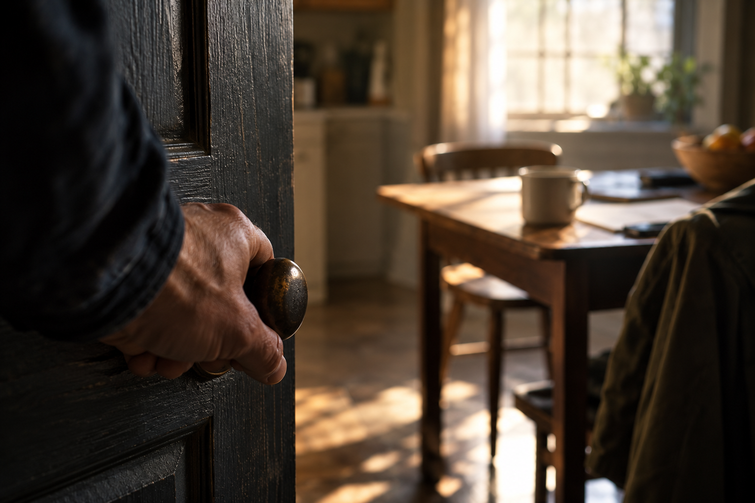A hand opens a dark door into a sunlit kitchen where another person is seated at the table.
